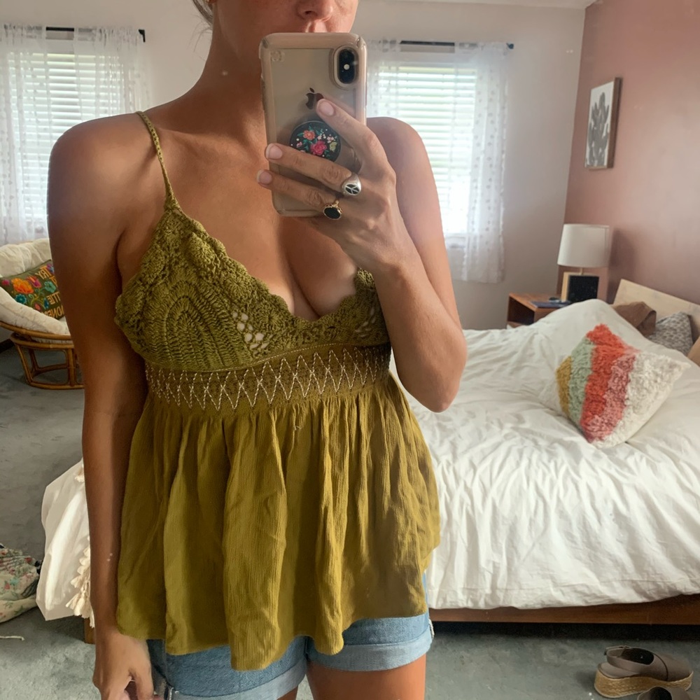 Free People Green Crotchet Swing Top Large